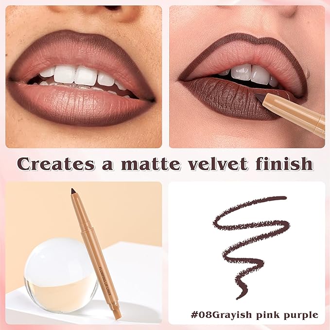 Matte Lip Liner, Plump Lipliner Pencil Crayon，Creamy Matte Finish with Silicone Smudger For Women, High-Pigment Smooth Formula for Sculpting &Contours Lip，Longwear，Lips Makeup，08#Grayish pink purple