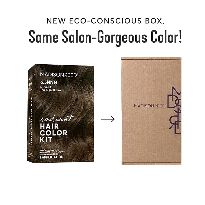 Madison Reed Radiant Hair Color Kit | 6.5NNN Brown with Warm Golden Undertones (Novara Light Brown) 100% Maximum Gray Hair Coverage for Resistant Grays | PPD-Free & Ammonia-Free | 1 Pack