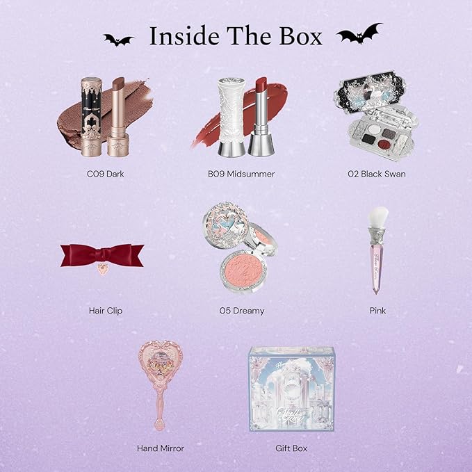 Flower Knows Swan Ballet 8-Piece Makeup Gift Box Set,Matte Lipstick + Shine Lipstick + Blush+ Eyeshadow Palette + Hand Mirror + Hair Clip + Blush Brush +Gift Box,Gift for Women & Girls