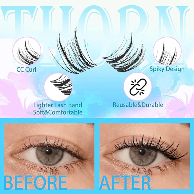 Manga Lash Clusters with Invisiable Band 10-14mm Mixed CC Curl Spike Lash Clusters Natural Eyelash Cluster Soft Eyelashes Cluster DIY Look Like Eyelash Extension (Thorn)