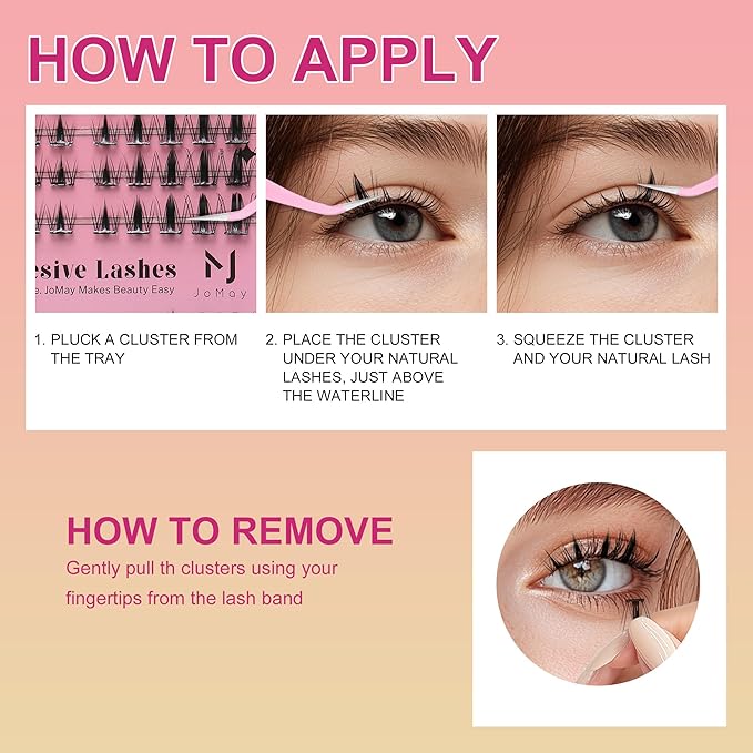 JoMay Self Adhesive Press On Lashes No Glue Needed, Pre-Glued Clusters with Thin Band, Natural Wide-Eye Effect, Reusable for Beginners, Pre-Separated L/R 10 Pairs - Doll Eye Lash Clusters
