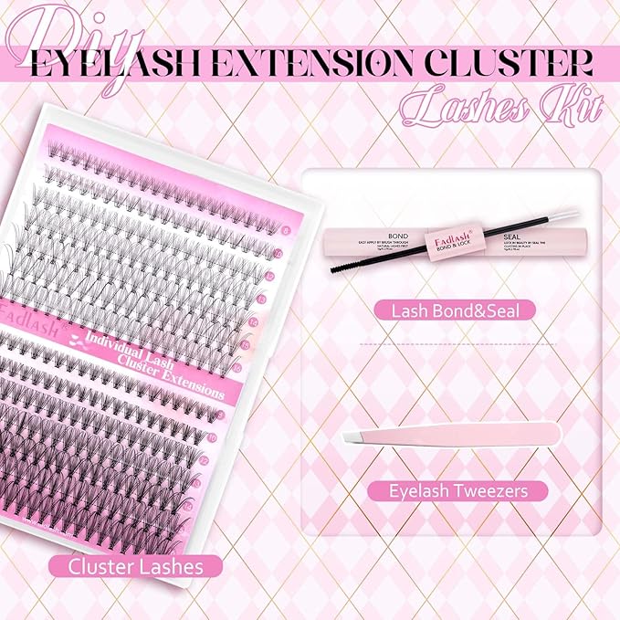 FADLASH DIY Lash Extension Kit Individual Lashes Cluster D Curl Eyelash Extension Kit with Lash Bond and Seal and Lash Applicator Tool for Self Application at Home (10D+20D-0.07D-8-16MIX KIT)