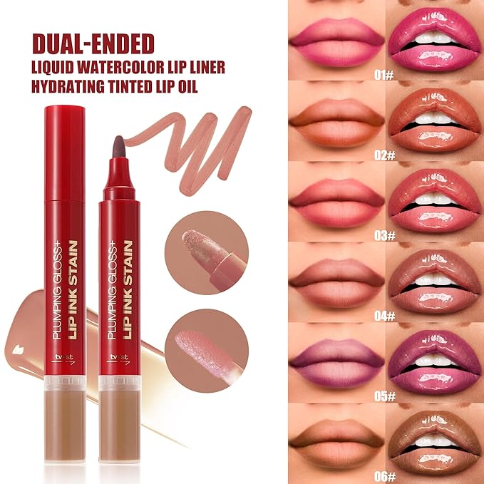 Nude Brown Dual-Ended Liquid Watercolor Lip Liner & Hydrating Tinted Lip Oil, Highly Pigmented Long Lasting Lip marker pen, Smudge Proof Natural Finish, Precise Chisel Tip Marker 06#