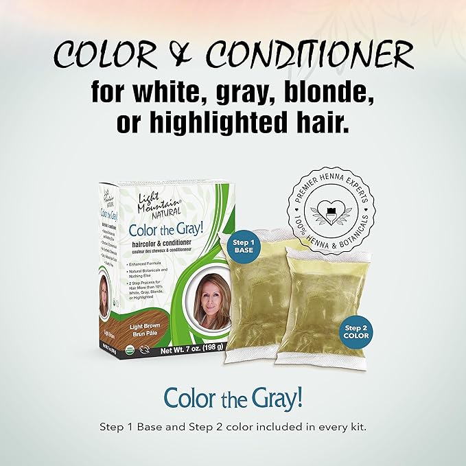 Light Mountain Henna Hair Color & Conditioner, Color the Gray - Light Brown Hair Dye for Men/Women, 2-Step Chemical-Free, Semi-Permanent Hair Color for White, Gray, and Blonde Hair, 7 Oz (Pack of 2)
