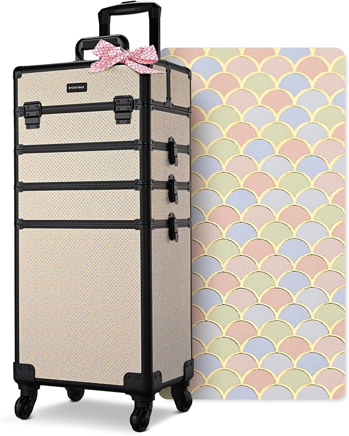 BYOOTIQUE Rolling Makeup Train Case on Wheels 4in1 Cosmetology Art Deco Pastel