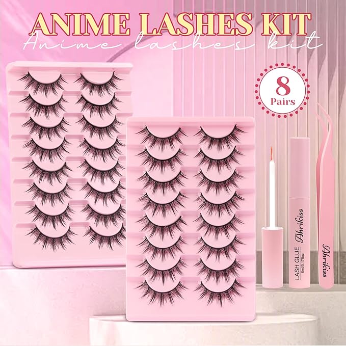 Ahrikiss Lashes Manga Lashes Natural Look Anime False Eyelashes 8 Pairs Faux Mink Lashes Kit with Lash Glue and Lash Tweezers Soft Wispy Fake Eyelashes Cosplay Spiky Strip Lashes (Comic Kit)