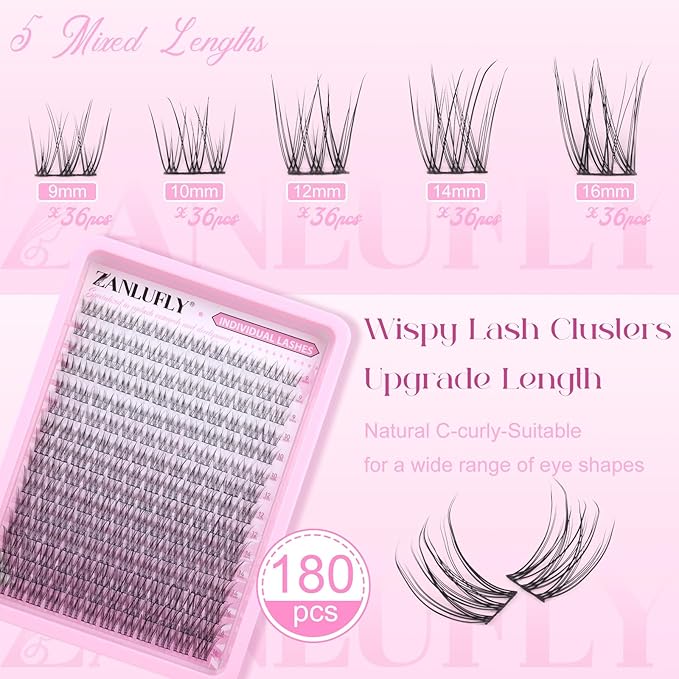 Lash CLusters Wispy Eyelash Clusters Natural Lash Extensions C-Curly DIY Eyelash Extensions zanlufly 180Pcs Individual Lashes(9MM 10MM 12MM 14MM 16MM)