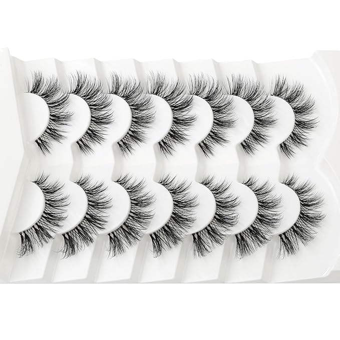 3D Clear Band Lashes 14mm Natural Soft Faux Mink Lashes C/D Curl Cat Eye Wispy Fake Eyelashes Short Cross Reusable False EyeLashes 7 Pairs (No.199)