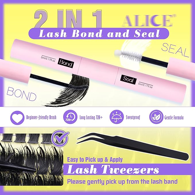 ALICE Thick Lash Clusters Kit - Wispy Volume Eyelash Clusters Kit 228pcs 80D Spiky Russian D-Curly Anime Eyelash Extension Kit - Individual Lashes Kit with Lash Glue for DIY at Home