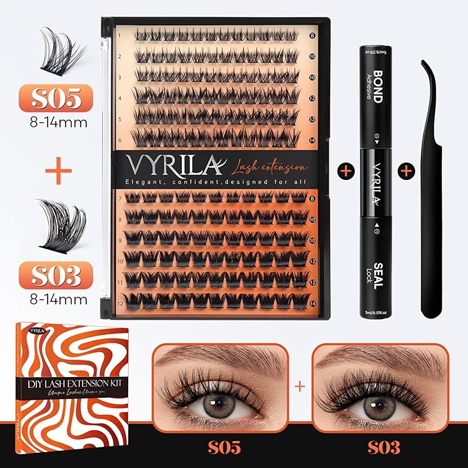 Lash Clusters Kit-VYRILA 0.07mm Wispy 8-14mix C Curl Eyelash Clusters with Lash Bond and Seal Waterproof, Eyelash Tweezers (S03+S05 KIT 138pcs-8-14mix)