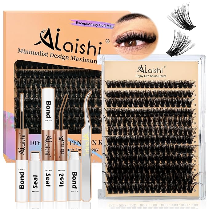 Lash Clusters Kit, DIY Cluster Eyelash Extensions 10‑20mm, 90D+100D, 202pcs Fluffy D Curl Natural Lashes with Bond & Seal,Tweezers–Fake Cat Eye Individual Clusters