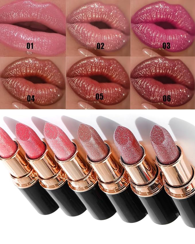 Rose Pink Metallic Glitter Lipstick Long Lasting,Diamond Nude Shimmer Lip Gloss High Pigment Lip Red Color Matte Lip Stick for Women,Sparkling Shiny Transfer Proof Non Stick Tinted Lip Balm Makeup-03