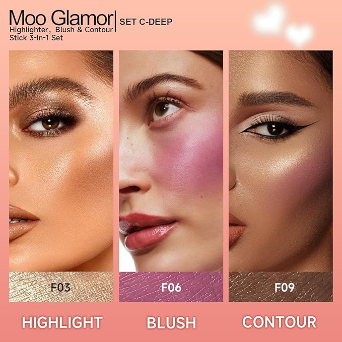 3-in-1 Highlighter,Blush and Contour Sticks Trio with Highlighter Stick Contour Stick and Blush Stick for Cheeks and Face Makeup (Set C Deep)