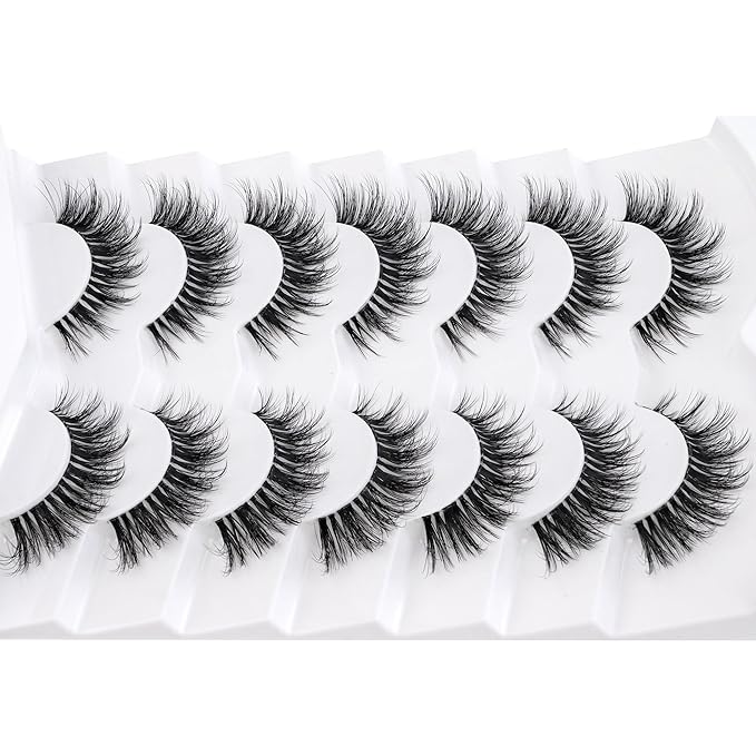 3D Clear Band Lashes 14mm Natural Soft Faux Mink Lashes C/D Curl Cat Eye Wispy Fake Eyelashes Short Cross Reusable False EyeLashes 7 Pairs (No.219)