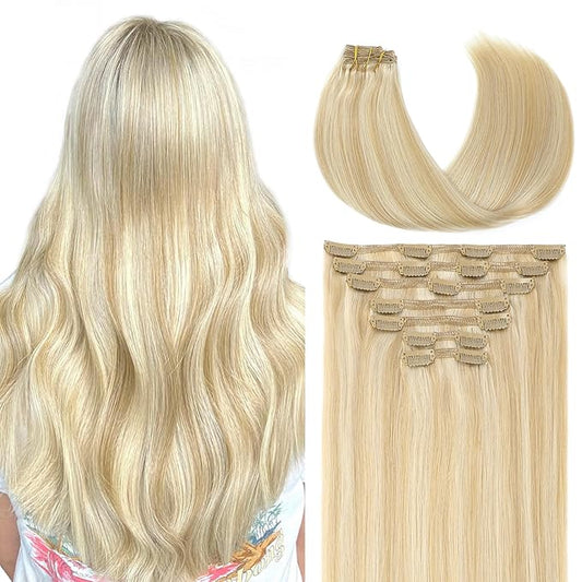 VINBAO Thick Clip in Extensions Real Human Hair, Balayage Golden Brown to Platinum Blonde, Clip in Human Hair Extensions, 20Inch 160g #27P60 7PCS Double Weft (#HC27P60,20'')