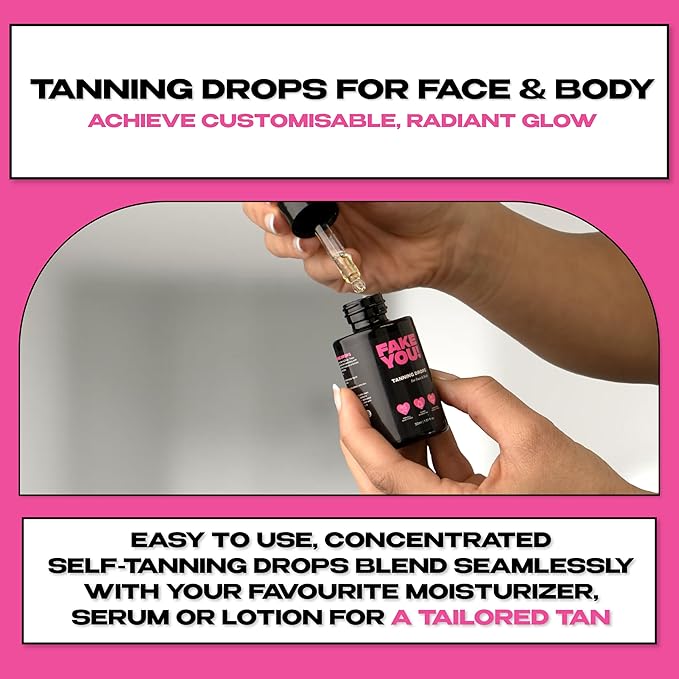 Fake You! Tanning Drops – Self Tanner for Natural Glow – Buildable Face & Body Tan – Streak-Free Finish – Long-Lasting Hydration/Sunless Tanning – 30ml