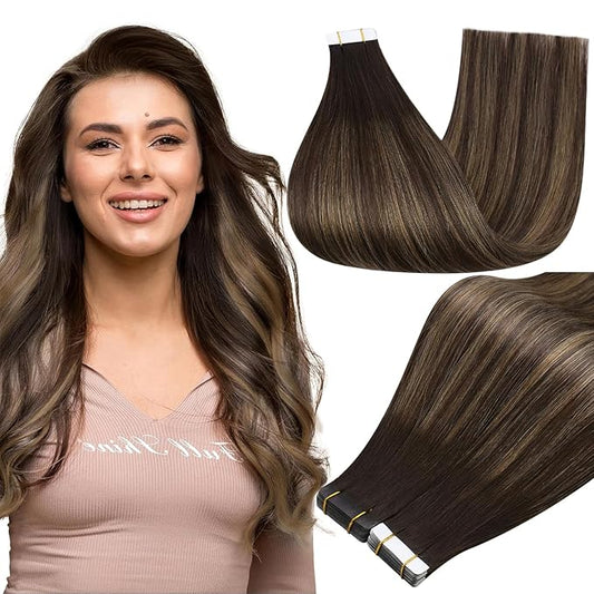 Full Shine Brown Hair Extensions Color 2/8/2 Balayage Brown Tape in Hair Extensions Human Hair 20Inch Remy Straight Extension 100G 40Pcs Soft Silky Seamless Skin Weft