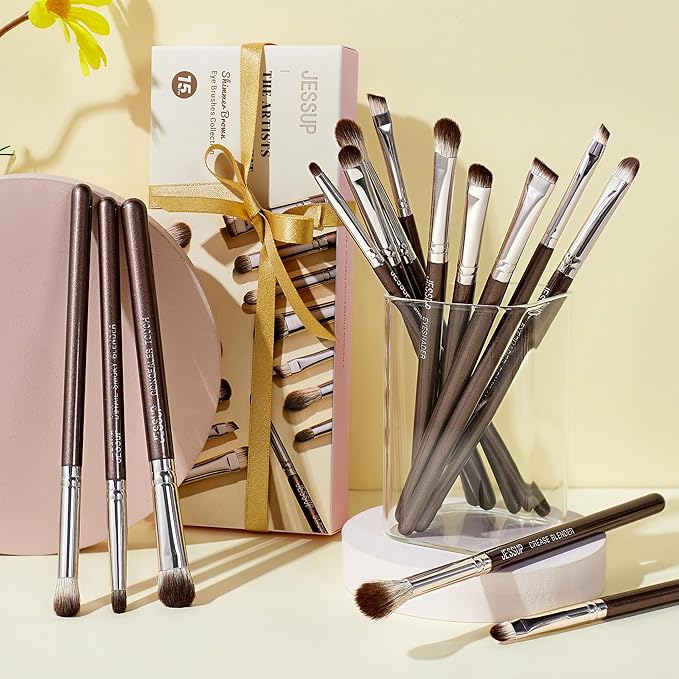 Jessup Eye Makeup Brushes Set Professional 15pcs Brown Eyeshadow Brush Eyebrow Concealer Eyeliner Blending Brush for Makeup Premium Synthetic Eye Brush Set, T499