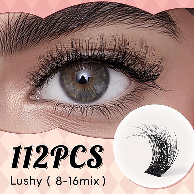 Lash Clusters 0.05mm PBT Fiber Eyelash Clusters, 0.1mm Superfine Black Band D Curl Diy Lash Extension, 112pcs 8-16mm Individual Like Eyelash Extensions (Lushy-D-8-16Mix)
