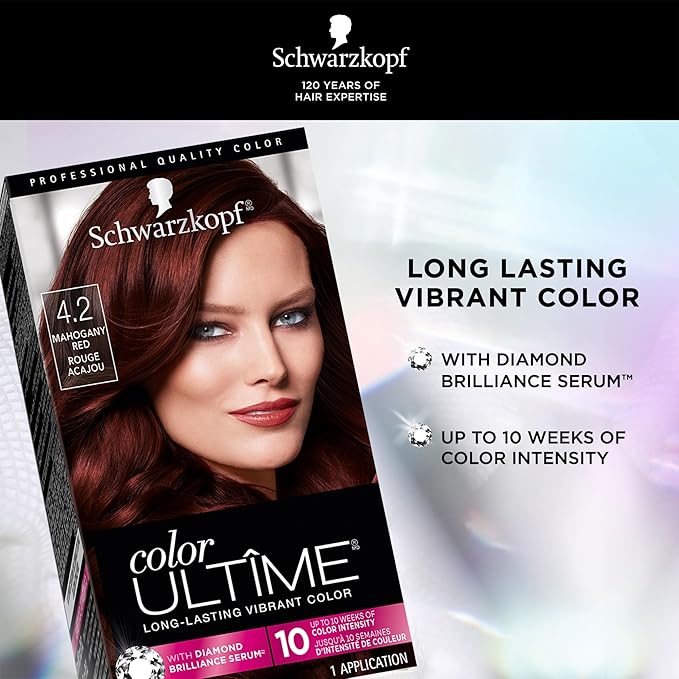 Schwarzkopf Color Ultime 4.2 Mahogany Red Hair Dye, Permanent Intense Black with Diamond Brilliance, Fade-Resistant, Covers Grays, All Hair Textures