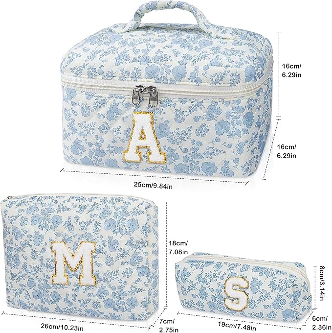 Initial Makeup Bag Set, Personalized Quilted Makeup Bag, Large Floral Cosmetic Bag for Women, Cute Cotton Custom Make up Bags, Flower Travel Toiletry Bag Teen Girl Gift Blue Flower E