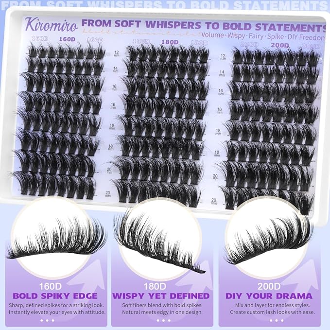 Kiromiro Lash Clusters with Spikes Cluster Eyelash Extensions 12-20mm Fluffy Eyelash Clusters 160D/180D/200D Mixed DIY Cluster Lash Extensions 192pcs Wispy Cluster Eyelashes