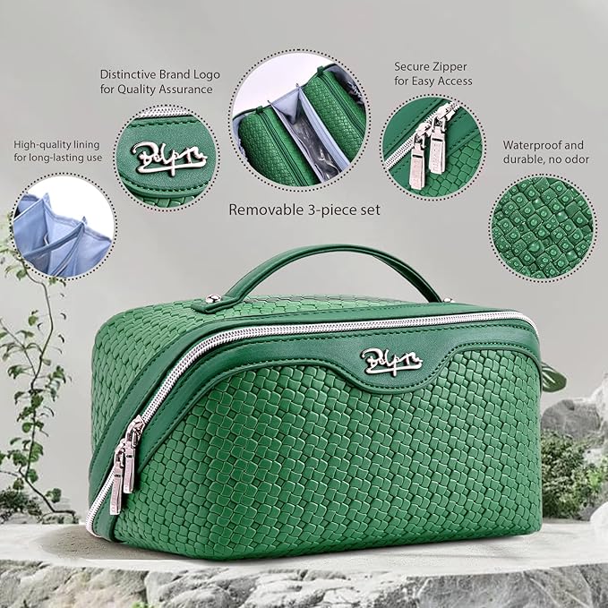 BOYATU Travel Makeup Bag Cosmetic Bags for Women: Large Capacity 3 Pcs Set Make up Bag with Compartments - Waterproof Vegan Leather Toiletry Organizer Bags with Handle (L12 Green)