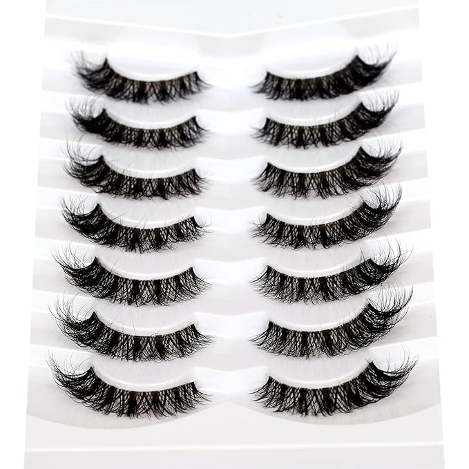 Pooplunch False Eyelashes Cat Eye Wispy Lashes Natural Short 8D Faux Mink Lashes Fake Eyelashes Strips 7 Pairs Pack