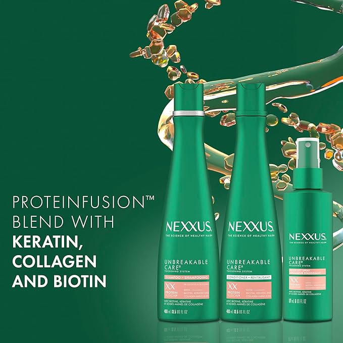 Nexxus Unbreakable Care Shampoo, Conditioner, and Leave-In Spray 3 Pack For Fine and Thin Hair with Keratin, Collagen, Biotin