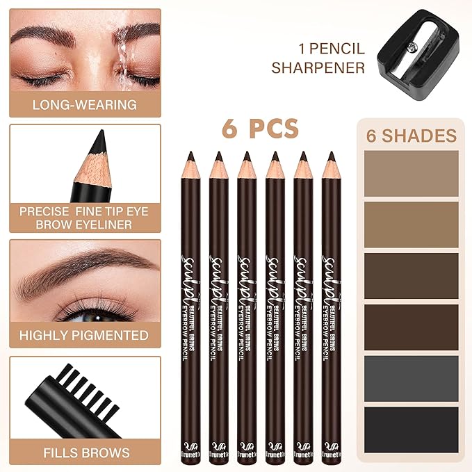 6Pcs Eyebrow pencil wooden，Brow Kit with Brush and Sharpener，Eyebrow Pencils for Women，Fine Tip Eye Brow Eye Liner for Eye Makeup,Shapes, Defines, Fills Brows (Dark Brown-04)