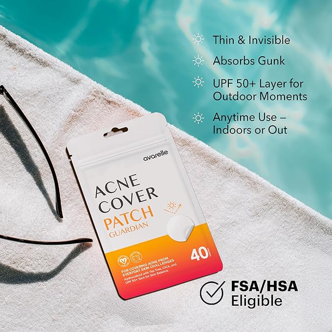 AVARELLE Acne Cover Patch Guardian – Invisible UPF 50+ Daytime Sun Guard Hydrocolloid Pimple Patches with Cica, Tea Tree & Calendula, Smart Acne Patch for Acne-Prone Skin, 40 Count