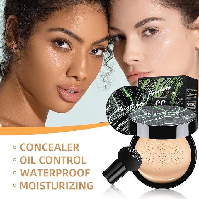 Mushroom Head Air Cushion CC Cream - BB Cream Foundation Makeup Moisturizing Concealer Long-Lasting, Cushion Foundation Full Coverage Self Adjusting for Mature Skin & All Skin Types (2 PCS Natural)