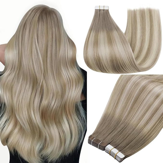 Full Shine Tape in Hair Extensions 20Inch Tape in Extensions Color 19/8/60 Grey Fading to Ash Brown And Blonde Remy Tape ins Human Hair Seamless Skin Weft for Women 50G Straight Hair Extensions 20Pcs