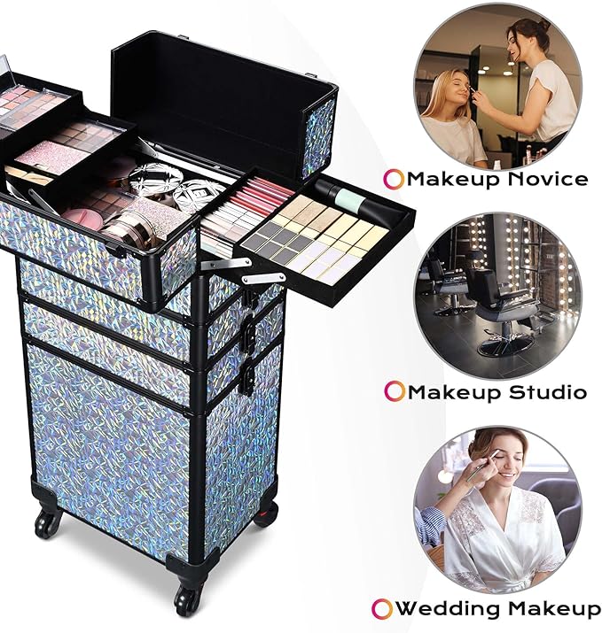 BYOOTIQUE Rolling Makeup Cart on Wheels False Eyelash Storage Nail Tech Carrying Organizer Box for Nail Artist Beauty Studio Barbershop Hairstylist,Mermaid Silver