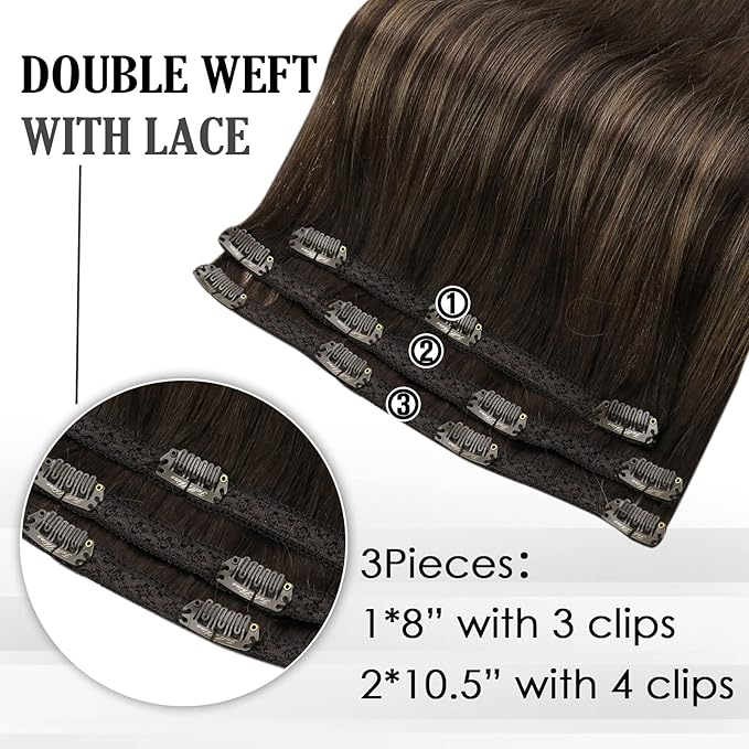 Full Shine Dark Brown Hair Extensions Clip in Human Hair 3 Pcs 60 G 20 Inch Balayage Dark Brown Straight Invisible Thin Clip in Hair Extensions
