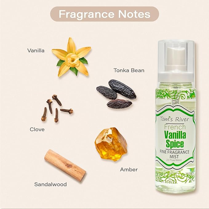Tom's River Fine Fragrance Body & Hair Mist | Vanilla Spice Scented (Pack of 3) | For Daily Use | Travel-Friendly | 2 fl oz/ 60ml per Bottle