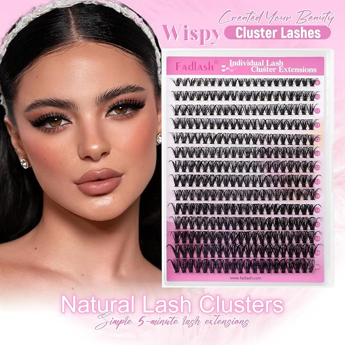 FADLASH Wispy Lash Clusters 280Pcs DIY Individual Eyeslash Clusters Natural Look 40D D Curl 12-18mm Lash Clusters Soft Fluffy Eyelash Extensions (Packaging Cards May Vary))