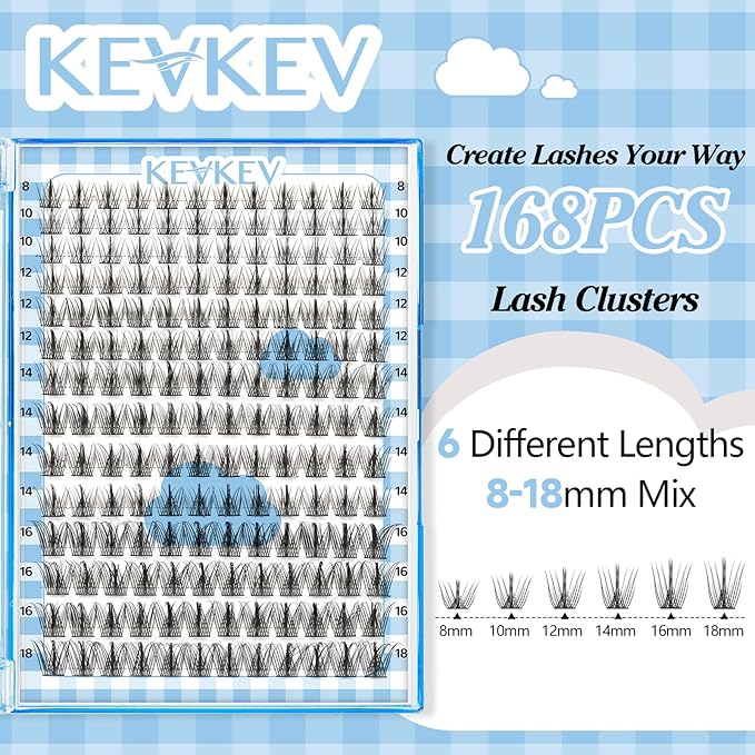 KevKev Lash Clusters 168 Pcs Cluster Lashes DIY Lash Extensions Mixed Styles Individual Lashes Eyelash Clusters Thin Band & Soft False Lashes Wispy Natural Lash Extension Clusters (Breeze, D-8-18mix)