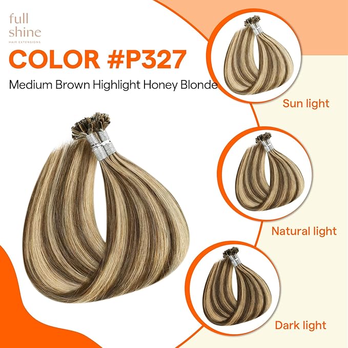 Full Shine U Tip Hair Extensions Human Hair 16 Inch 50 Grams Brown Highlighted Honey Blonde Pre Bonded Human Hair Extensions Keratin Tip Extensions Remy Hair add Volume