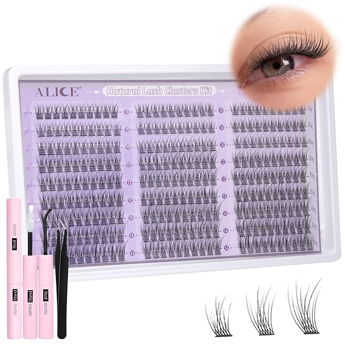 ALICE Natural Lash Clusters Kit Wispy Lash Extension Kit Thin Band Cluster Eyelash Extension Kit 270pcs C-Curly 10-14mm Individual Lashes with Lash Glue Bond and Seal Self Application at Home