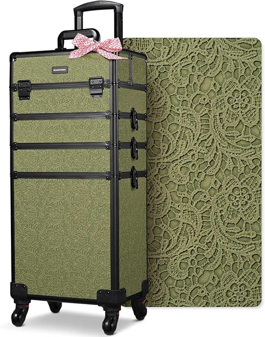 BYOOTIQUE 4in1 Cosmetology Cases on Wheels Rolling Makeup Organizer Cart Professional Nail Tech Storage Hairdressing Brush Bags for Nail Artist Beauty Barber Salon Hairstylist,Rococo Moss