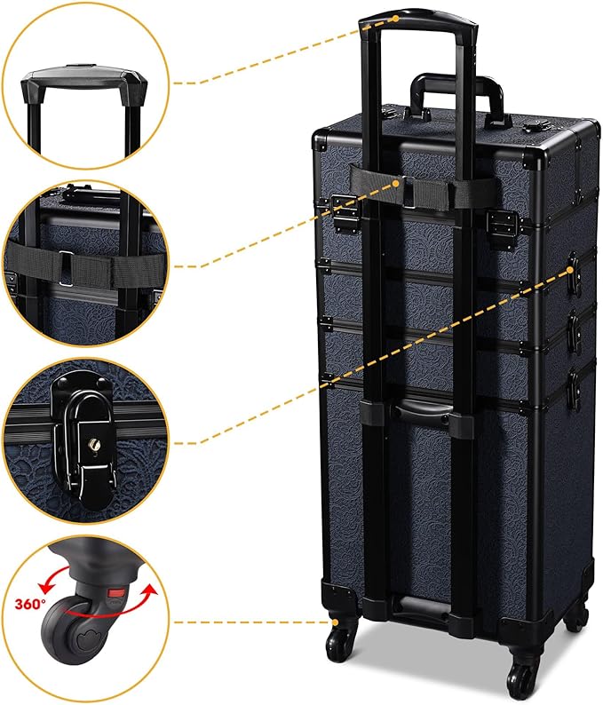 BYOOTIQUE 4in1 Professional Makeup Train Case Organizer on Wheels Cosmetology Rolling Travel Storage Nail Tech Cart Hairdressing Brush Bags Tattoo Box for Beauty Salon, Rococo Midnight