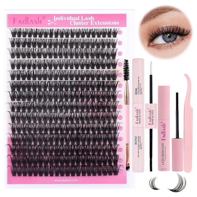 FADLASH DIY Lash Extension Kit Individual Lashes Cluster D Curl Eyelash Extension Kit D Curl Lash Clusters and Lash Applicator Tool for Self Application at Home(KIT 60D-D-12-18mm)