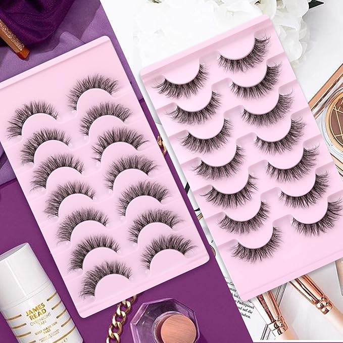 JIMIRE False Eyelashes with Clear Band 3D Fluffy Lashes Demi-wispies Natural Look Cat Eye Faux Mink Fluttery Eyelashes 15MM D Curl Eye Lashes Pack 7 Pairs
