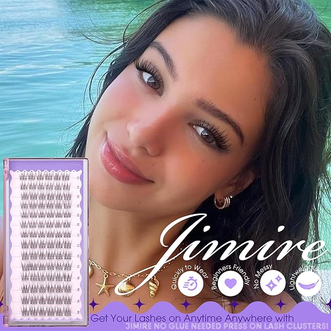 JIMIRE Self Adhesive Eyelashes Wispy Lash Clusters Natural Look 9-12MM Press on Lashes Self Adhesive Lash Clusters No Glue Needed Natural Pre Glued Lashes Clusters Reusable Invisible Band