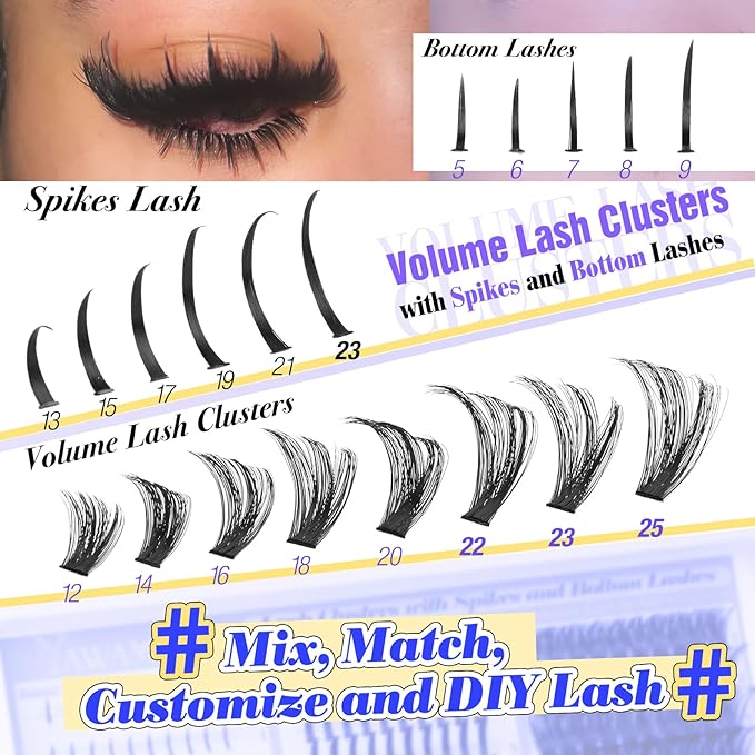 Volume Lash Clusters with Spikes and Bottom Lashes DIY Spiky Lash Extension Wispy Eyelash Clusters 12-25mm with Lash Spikes 13-23mm and 5-9mm Bottom Lashes D Curl Manga Lashes Clusters by Yawamica