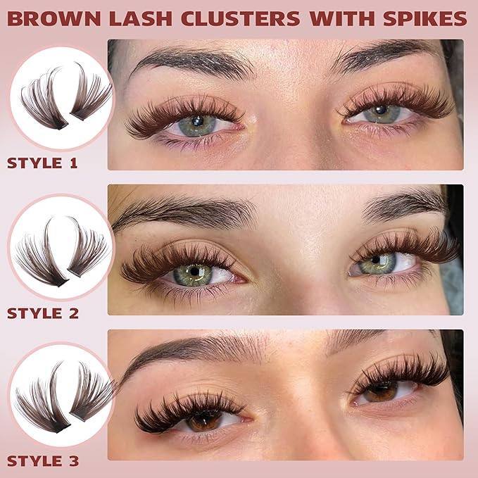 Brown Lash Clusters Wispy Cluster Eyelash Extensions D-curly Eyelash Clusters with Spikes Dark Brown Individual Lashes Manga Fairy Lash Extension by TNFVLONEINS (Brown,10-18MM,3 Styles)