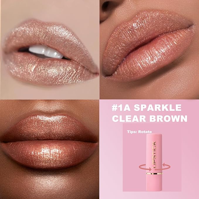 Sparkle Clear Brown Glitter Lipstick, Waterproof Metallic Lipstick Long Lasting High Shine Diamond Creamy Nude Shimmer Full-Coverage Hydrating Tinted Lip Color Makeup for Women