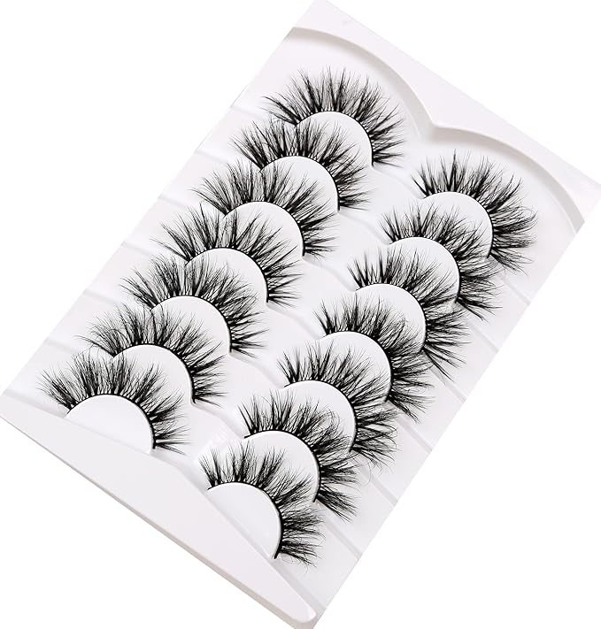 Pooplunch False Eyelashes Wispy Mink Lashes Cat Eye Natural Crossed Cluster Look 8D Volume Fake Eyelash Strips Faux Mink Lashes 7 Pairs Pack