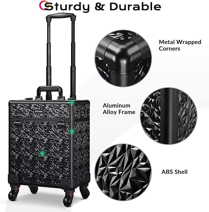 BYOOTIQUE Rolling Makeup Train Case on Wheels Large Cosmetic Travel Organizer Eyelash Storage Box for Nail Tech Beauty Salon Manicurist Barbershop,Mermaid Black